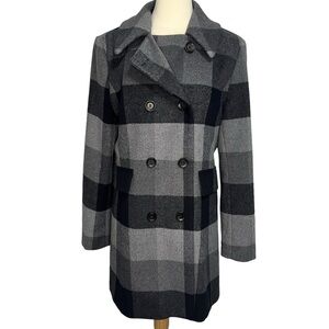 Donna Karan Black Label Wool Blend Double Breasted Coat Plaid Size‎ Large Grey